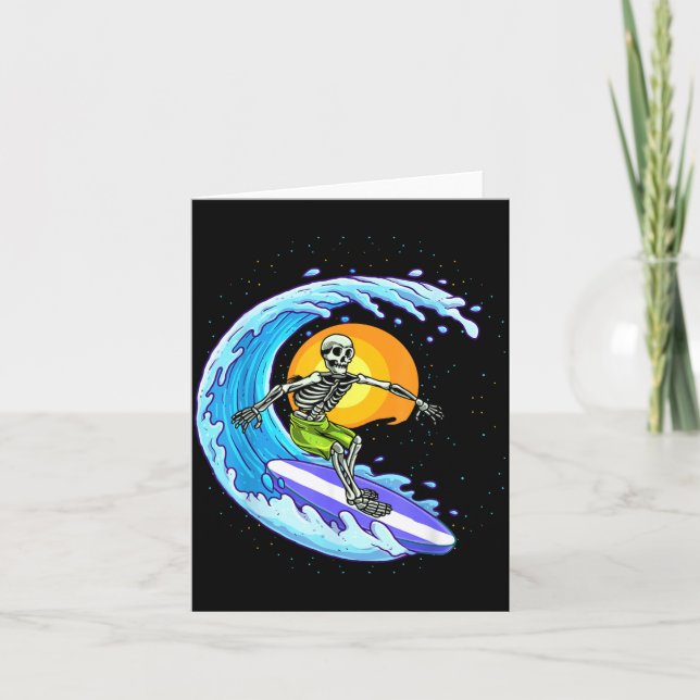 Skeleton Surfer Surfing Surf Wave Funny Halloween Card (Front)