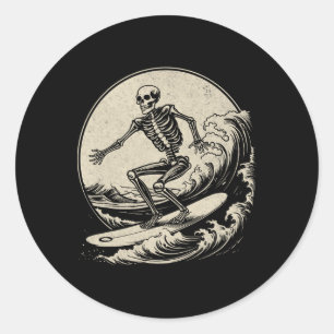 Skeleton Surfer Vintage Big Wave Surfing Funny Hal Classic Round Sticker