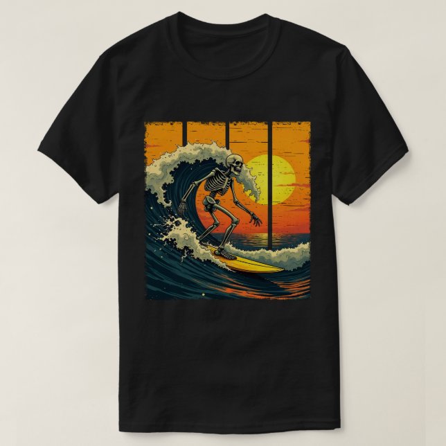 Skeleton Surfer Vintage Surfing Funny Halloween T-Shirt (Design Front)