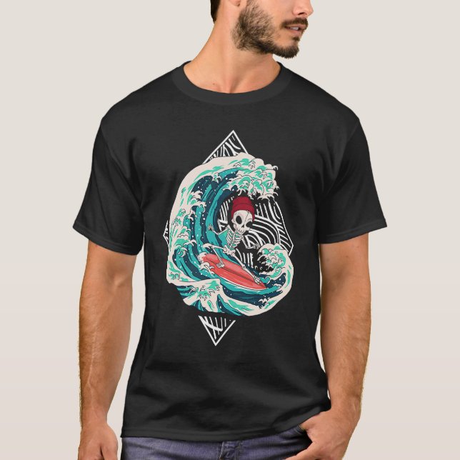 Skeleton Surfer Waves Ocean Surfboard Surfing T-Shirt (Front)