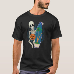 Skeleton Surfing Beach Pumpkin Halloween Day Trick T-Shirt