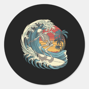 Skeleton Surfing Classic Round Sticker