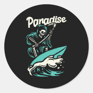 SKELETON SURFING IN PARADISE CLASSIC ROUND STICKER