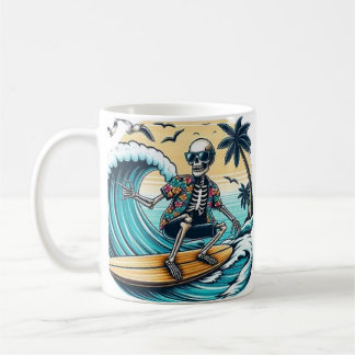 Skeleton surfing on a beach coffee mug