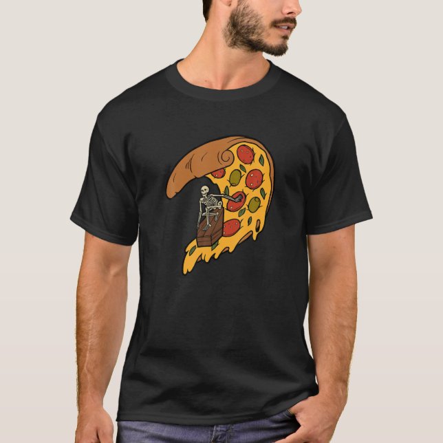 Skeleton Surfing Pizza Slice T-Shirt (Front)