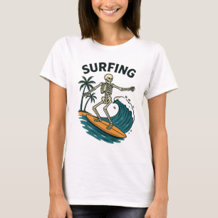 Skeleton Surfing Retro Beach Wave Design T-Shirt