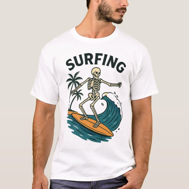 Skeleton Surfing Retro Beach Wave Design T-Shirt (Front)