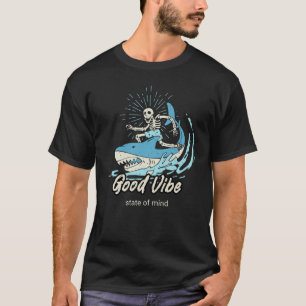Skeleton Surfing Shark Blue Ocean Good Vibe T-Shirt