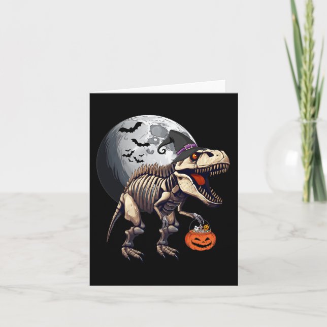 Skeleton T Rex Dinosaur Funny Halloween Pumpkin Bo Card (Front)