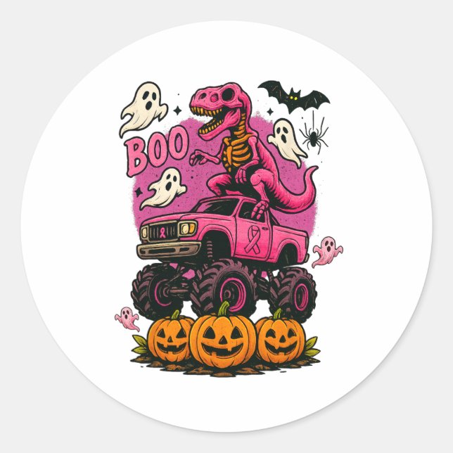 Skeleton T Rex Dinosaur Monster Truck Pumpkin Brea Classic Round Sticker (Front)