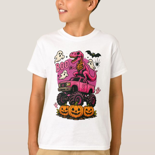 Skeleton T Rex Dinosaur Monster Truck Pumpkin Brea T-Shirt (Front)