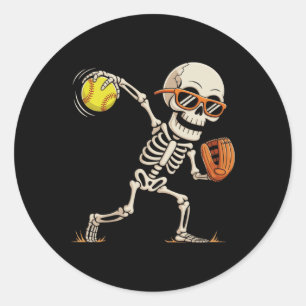 Skeleton Throwing Softll Halloween Sports Players Classic Round Sticker