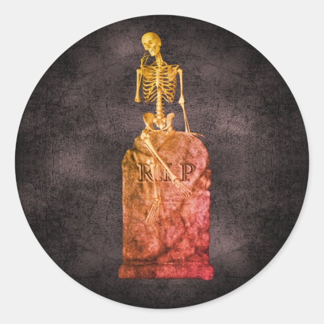 Skeleton Tombstone Halloween Funny  Classic Round Sticker (Front)