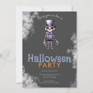 Skeleton Top Hat Grey Smoke Halloween Party Invitation