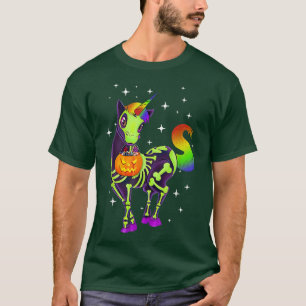 Skeleton Unicorn Candy Pumpkin Cute Halloween Girl T-Shirt