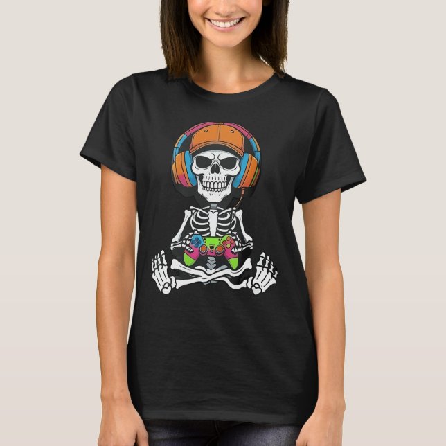 Skeleton Video Game Halloween Gaming Gamer Boys Me T-Shirt (Front)