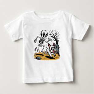 Skeleton vs French Bulldog – Funny Halloween Chase Baby T-Shirt
