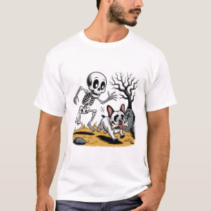 Skeleton vs French Bulldog – Funny Halloween Chase T-Shirt