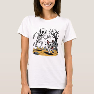 Skeleton vs French Bulldog – Funny Halloween Chase T-Shirt