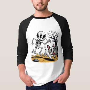 Skeleton vs French Bulldog – Funny Halloween Chase T-Shirt