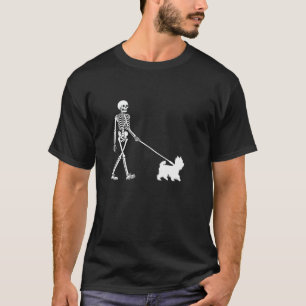 Skeleton Walking a Dog Yorkshire Terrier Halloween T-Shirt