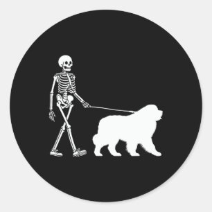 Skeleton Walking A Newfoundland Dog Halloween Outf Classic Round Sticker