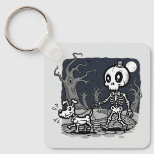 Skeleton Walking Dog Halloween Art Key Ring