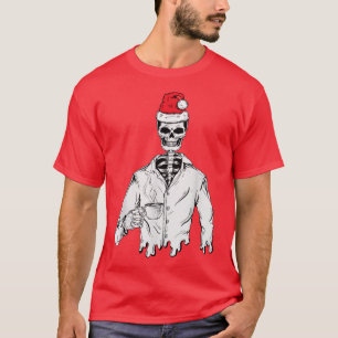 Skeleton Wear Santa Hat Drinking Coffee Christmas  T-Shirt