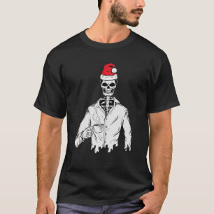 Skeleton Wear Santa Hat Drinking Coffee Christmas T-Shirt