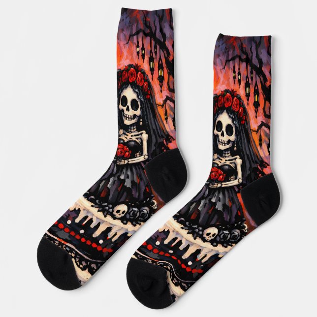 Skeleton Wedding, gothic Lovers Embrace Socks (Left)