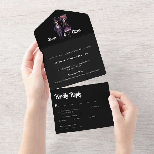 Skeleton Wedding Invitation all in one black (Tearaway)