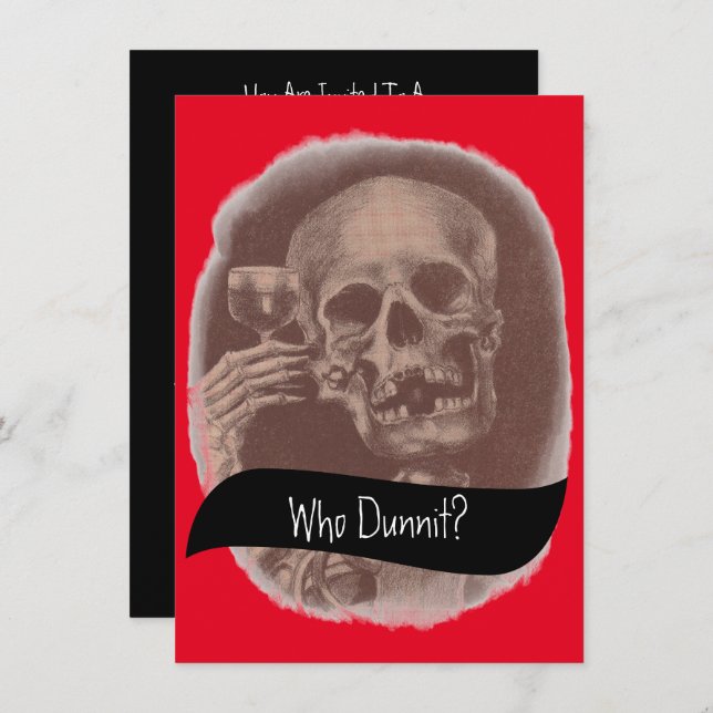Skeleton Who Dunnit? Mystery Wine Invitations (Front/Back)