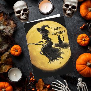 Skeleton Witch Cat Moon Scary Horror Halloween Card