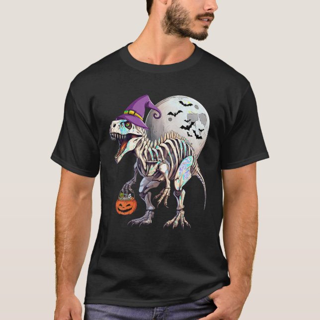 Skeleton Witch Dinosaur T Rex Funny Halloween Pump T-Shirt (Front)