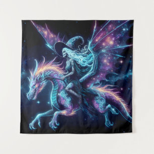 Skeleton Witch Riding A Dragon, Cosmic Fantasy Art Tapestry