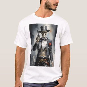 Skeleton with black tuxedo holding a revolver T-Shirt