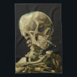 Skeleton with Burning Cigarette | Vincent van Gogh Tea Towel<br><div class="desc">Skull of a Skeleton with Burning Cigarette (1886) by Vincent van Gogh is a striking and unconventional still-life painting that features a human skull with a lit cigarette between its teeth. The dark background enhances the starkness of the skeletal figure, while the small plume of smoke adds a sense of...</div>
