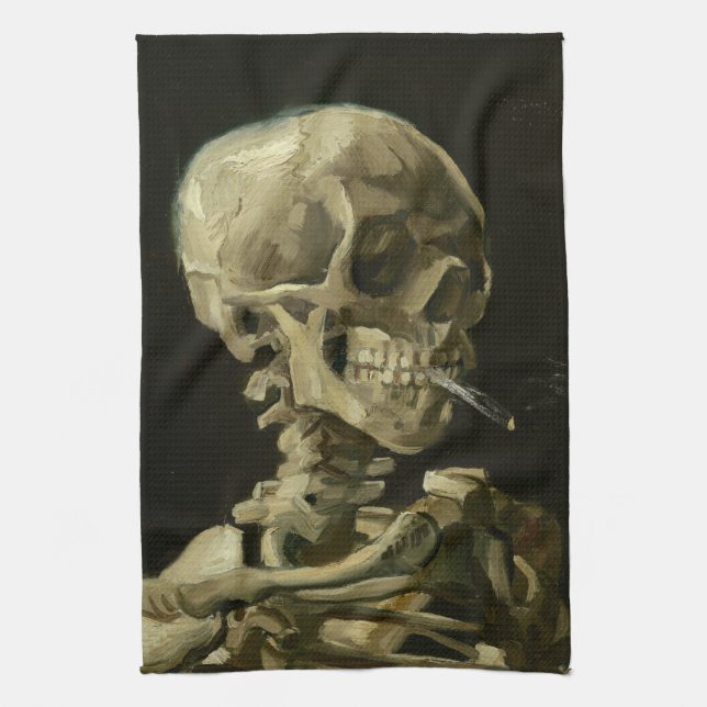 Skeleton with Burning Cigarette | Vincent van Gogh Tea Towel (Vertical)