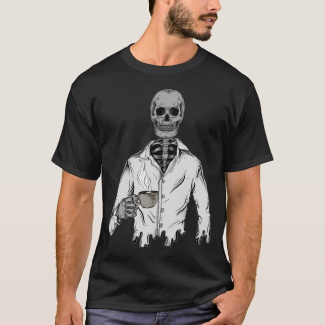 Skeleton with Coffee – happy halloween  T-Shirt (Front)