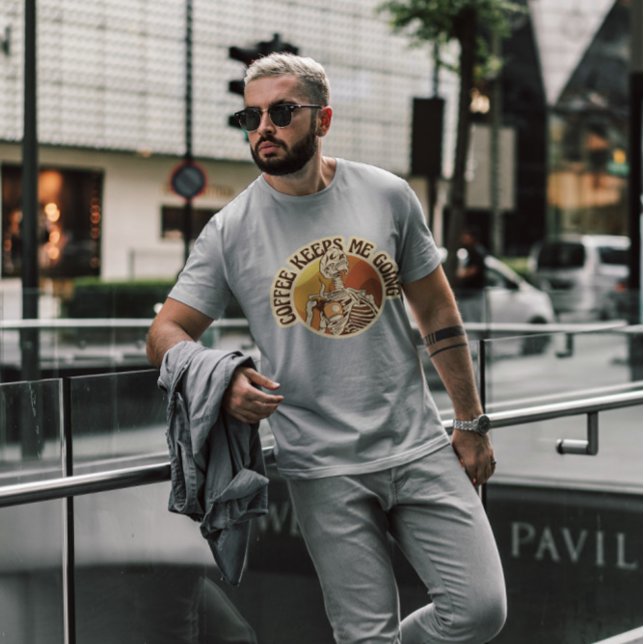 Skeleton With Coffee Retro Sunset  T-Shirt (Creator Uploaded)