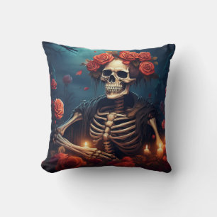 Skeleton With Crown of Roses Cushion