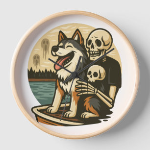 Skeleton with Dog on Haunted Lake Horror Art Clock