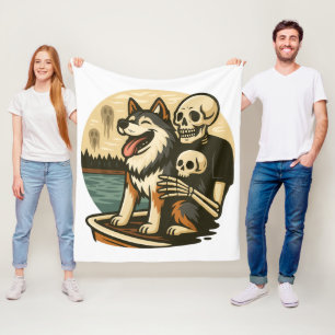 Skeleton with Dog on Haunted Lake Horror Art Fleece Blanket