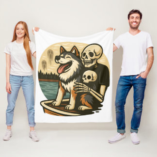 Skeleton with Dog on Haunted Lake Horror Art Fleece Blanket