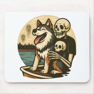 Skeleton with Dog on Haunted Lake Horror Art Mouse Pad
