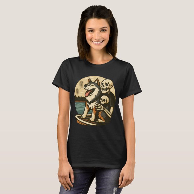 Skeleton with Dog on Haunted Lake Horror Art T-Shirt (Front Full)