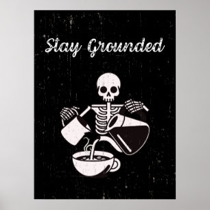 Skeleton with dripping coffee black vintage  poster