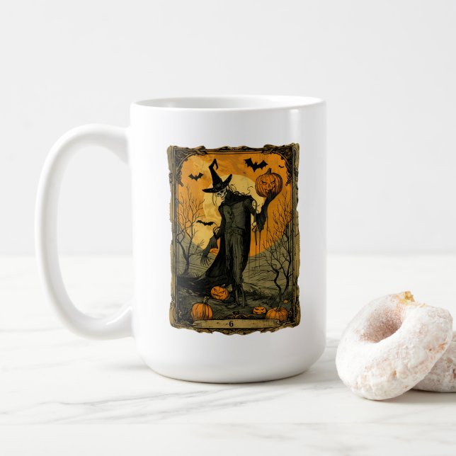 Skeleton with Evil Pumpkin Tarot Card Coffee Mug (With Donut)