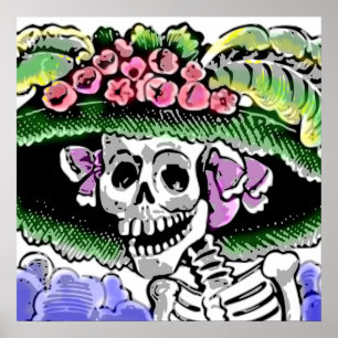 Skeleton with funny hat with flower poster