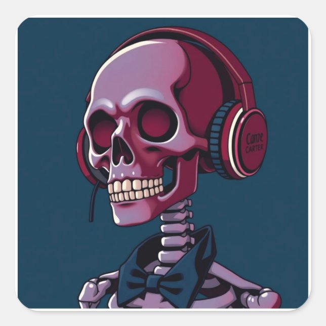 Skeleton with headphones square sticker (Front)